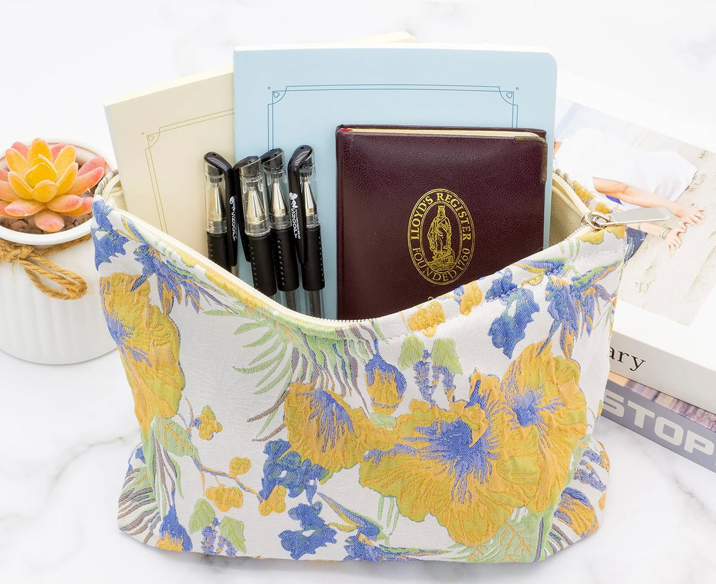 Makeup Bags for Purse Zipper Cosmetic Pouch Large Travel Canvas Make Up Organizer Tool Pouch for Women and Girls,Brocade Flower Yellow