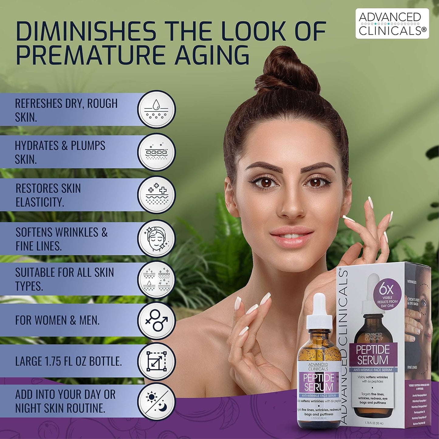 Advanced Clinicals Peptide Facial Serum Moisturizer Skin Care Oil For Face, Wrinkles, Fine Lines, & Puffiness. 6X Peptide Concentrate W/Collagen Plumps, Lifts, & Evens Skin Tone, 1.75 Fl Oz (2-Pack)