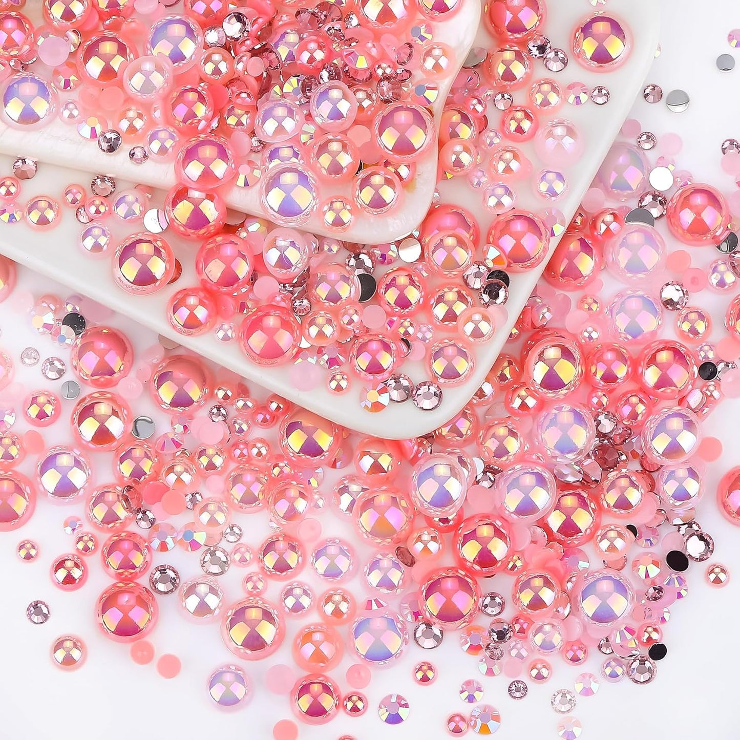 60g Pale Pink Flat Back Pearls Rhinestones for Crafts Mixed Size 3mm-10mm AB Color Round Half Pearls Flatback Pearl Beads and Resin Rhinestones Set for Face Art with Gle