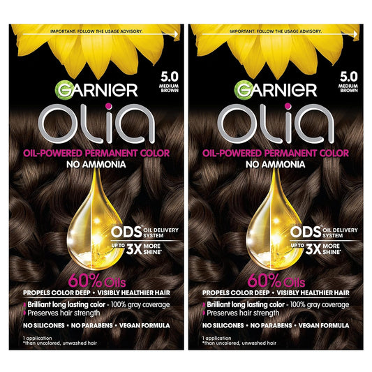 Garnier Hair Color Olia Ammonia-Free Brilliant Color Oil-Rich Permanent Hair Dye, 5.0 Medium Brown, 2 Count (Packaging May Vary)