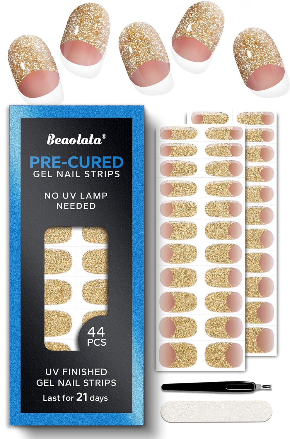 Pre Cured Gel Nail Strips - 44PCS Salon Quality Gel Nail Stickers - Long Lasting Polish Wraps for Women no UV Light Needed Easy Apply& Remove (Gold Haze）