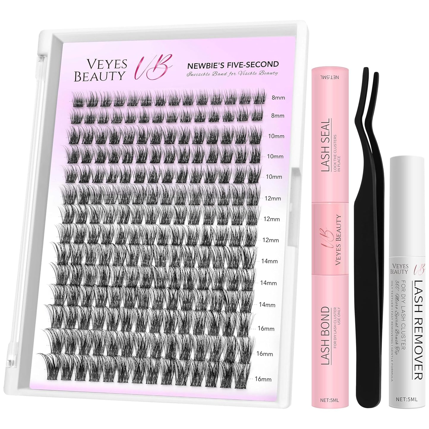 VEYESBEAUTY Lash Clusters Kit Individual Eyelash Extensions Thin & Invisible Band DIY False Eyelashes Newbie's Five-Second Series Wispy Lash Tray, Dreamy KIT with Bond&Seal Remover Applicator